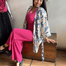 Kimono India seda con lazo y bolsillos crema azul