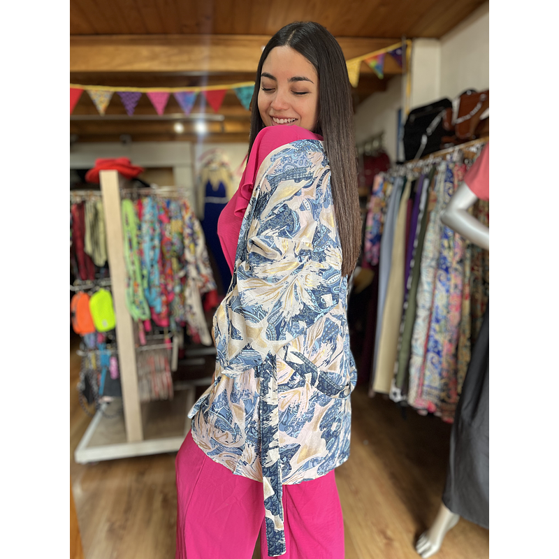 Kimono India seda con lazo y bolsillos crema azul