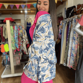 Kimono India seda con lazo y bolsillos crema azul