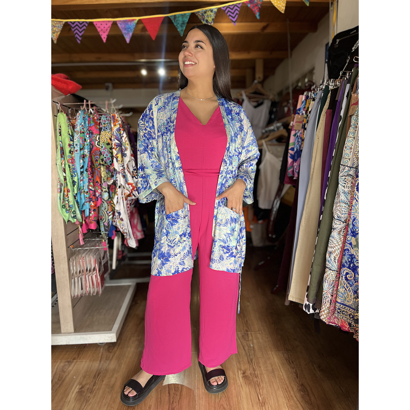 Kimono India seda con lazo y bolsillos azul verde agua