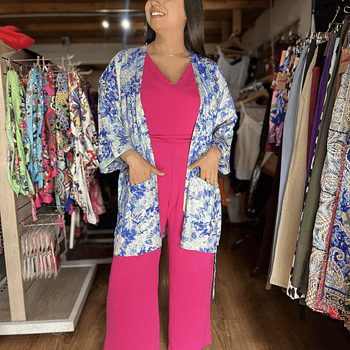 Kimono India seda con lazo y bolsillos azul verde agua