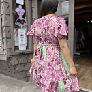 Vestido India lazo y botones morado verde manga vuelo