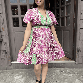 Vestido India lazo y botones morado verde manga vuelo