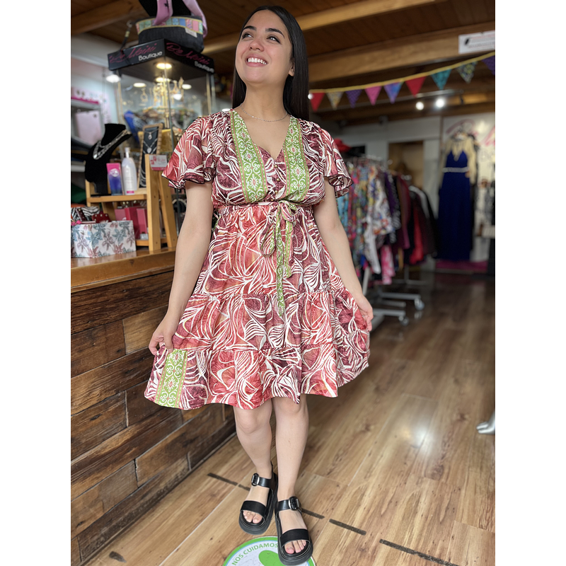 Vestido India lazo y botones guinda verde manga vuelo