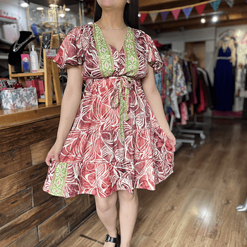 Vestido India lazo y botones guinda verde manga vuelo