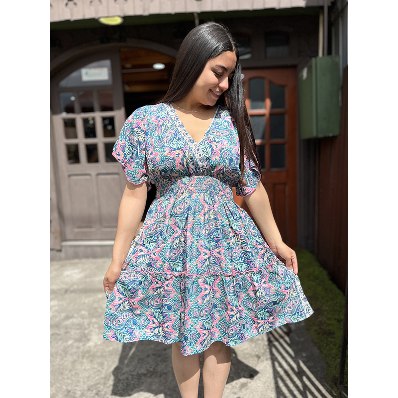 Vestido India cintura elasticada gold verde rosado manga vuelo