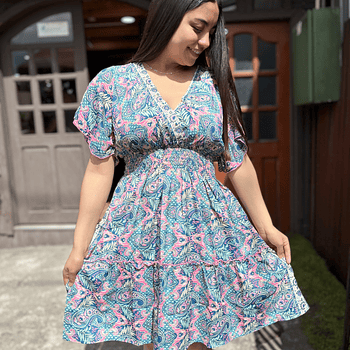 Vestido India cintura elasticada gold verde rosado manga vuelo