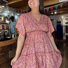 Vestido India cintura elasticada gold rosado naranjo manga vuelo