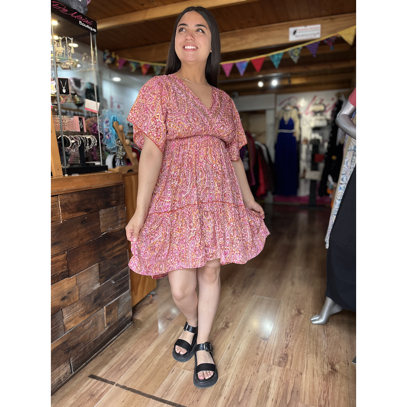 Vestido India cintura elasticada gold rosado naranjo manga vuelo