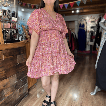 Vestido India cintura elasticada gold rosado naranjo manga vuelo