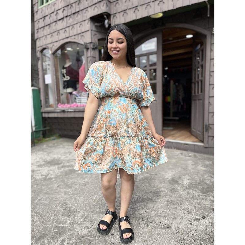 Vestido India cintura elasticada gold camel naranjo manga vuelo