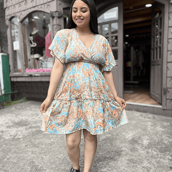 Vestido India cintura elasticada gold camel naranjo manga vuelo