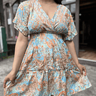 Vestido India cintura elasticada gold camel naranjo manga vuelo