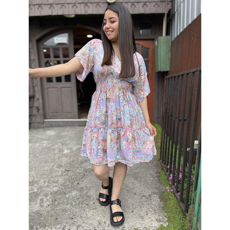 Vestido India cintura elasticada gold celeste rosado manga vuelo