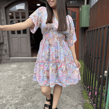 Vestido India cintura elasticada gold celeste rosado manga vuelo