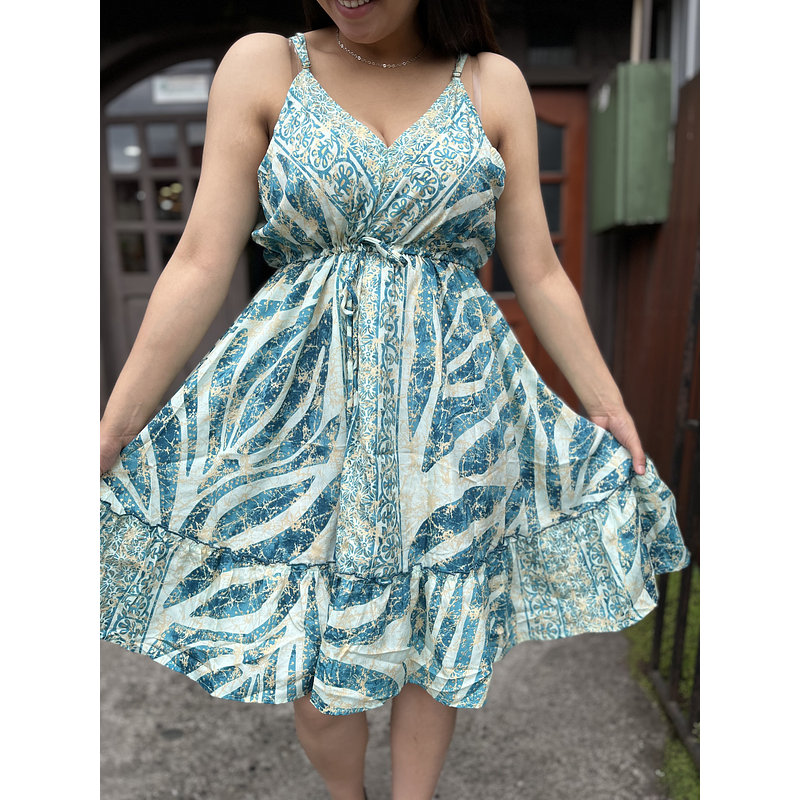 Vestido India pabilo ajuste cintura gold turquesa verde agua