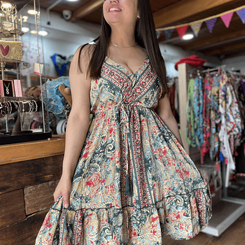 Vestido India pabilo ajuste cintura gold verde rojo