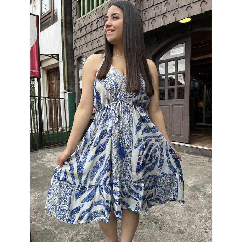 Vestido India pabilo ajuste cintura gold celeste azul 