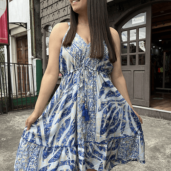 Vestido India pabilo ajuste cintura gold celeste azul 