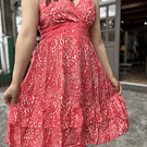 Vestido India pabilo 3 franjas gold print coral