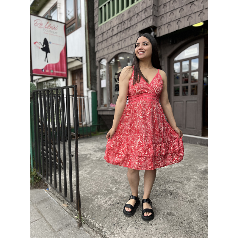 Vestido India pabilo 3 franjas gold print coral