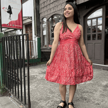 Vestido India pabilo 3 franjas gold print coral
