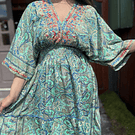 Vestido India kaftan gold verde azul manga mariposa