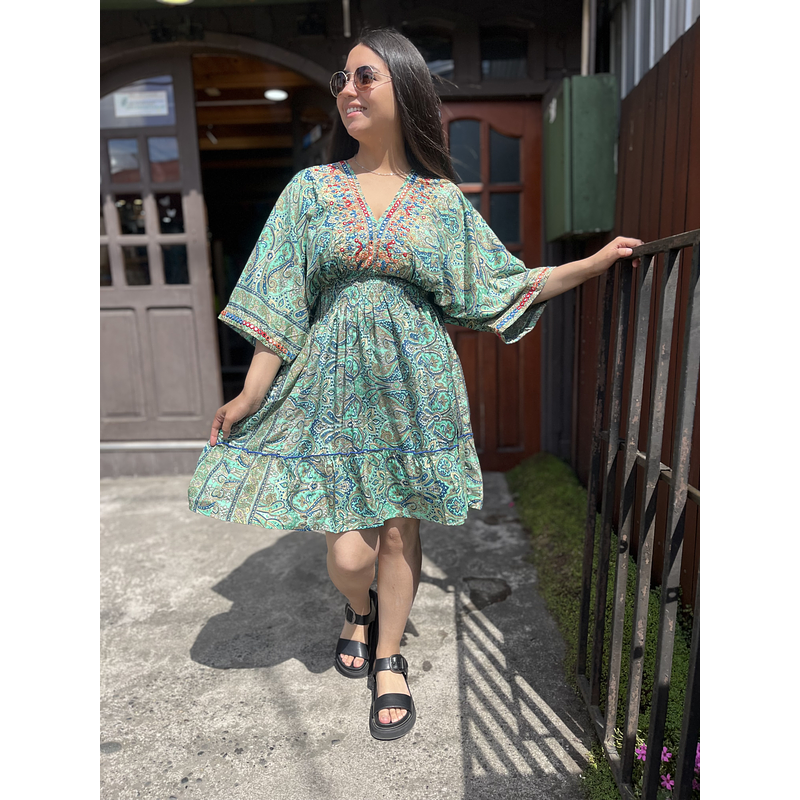 Vestido India kaftan gold verde azul manga mariposa