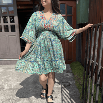 Vestido India kaftan gold verde azul manga mariposa