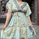 Vestido India cintura elasticada gold verde morado manga vuelo