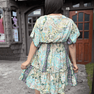 Vestido India cintura elasticada gold verde morado manga vuelo