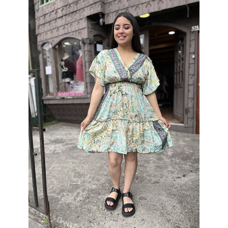 Vestido India cintura elasticada gold verde morado manga vuelo