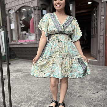 Vestido India cintura elasticada gold verde morado manga vuelo