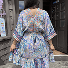 Vestido India kaftan gold celeste lila manga mariposa