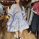 Vestido India kaftan gold celeste lila manga mariposa