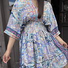 Vestido India kaftan gold celeste lila manga mariposa