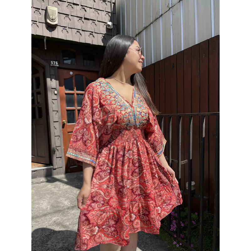 Vestido India kaftan gold rojo manga mariposa