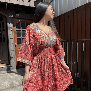 Vestido India kaftan gold rojo manga mariposa
