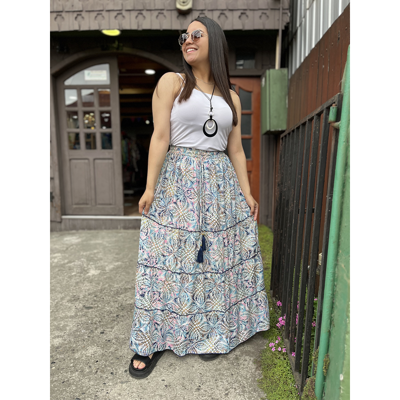 Maxi falda India seda gold blanco azul rosado