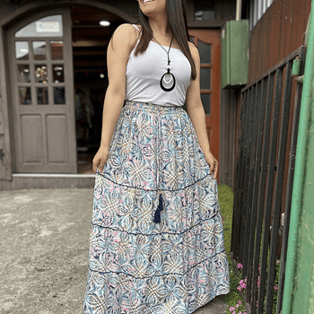 Maxi falda India seda gold blanco azul rosado