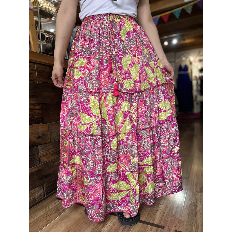 Maxi falda India seda gold verde y fucsia