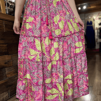 Maxi falda India seda gold verde y fucsia