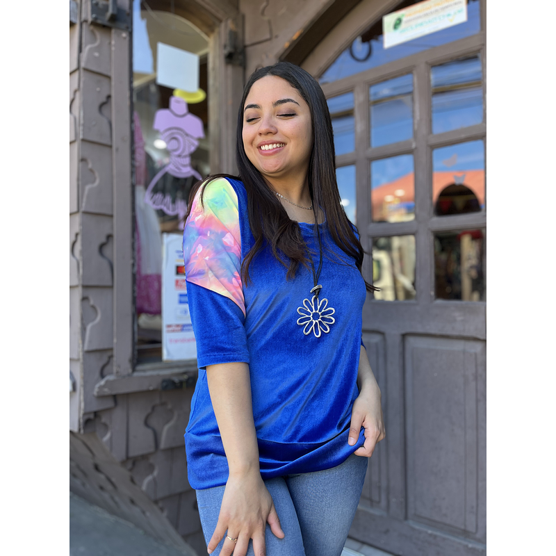 Polera Maria velvet azul rey tie dye fluor con pretina y mangas 3/4