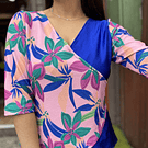 Polera Gloria azul velvet lila floral manga 3/4