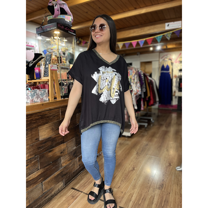 Polera life negro foil dorado