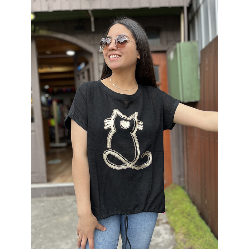 Polera lino y algodon negro gatito