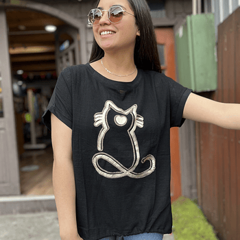 Polera lino y algodon negro gatito