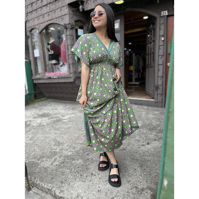 Maxi vestido India seda gold verde olivo rosado manga mariposa