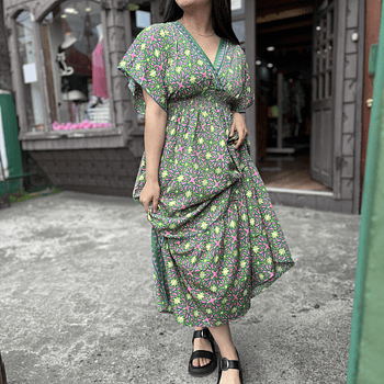 Maxi vestido India seda gold verde olivo rosado manga mariposa