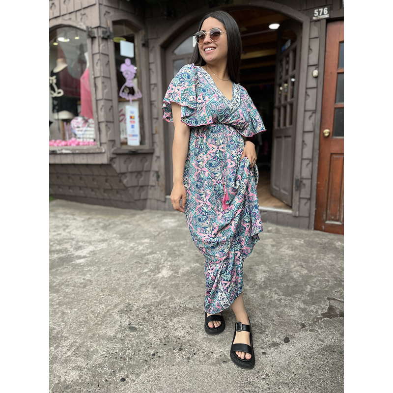 Maxi vestido India seda gold turquesa rosado cintura elasticada